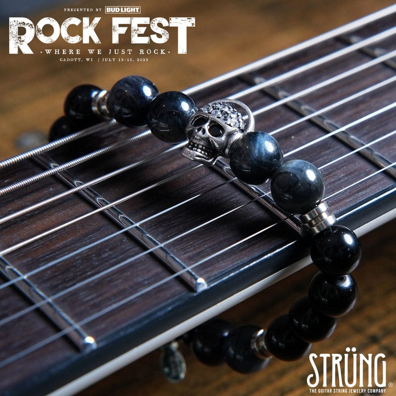 Official festival bracelet of Rock Fest 2023 Cadott, WI The Rocker Skull Bracelet Guitar String Strung Official Get Strung