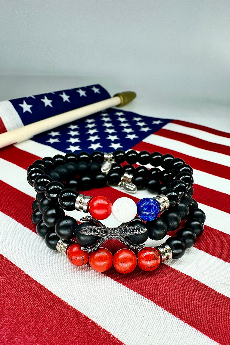 TRUMP BRACELET, BRACELET OF AMERICA, STAR-SPANGLE BANNER BRACELET, ROCK AND ROLL, STRUNG, GETSTRUNG, BORN IN THE USA, USA BRACELET, USA, AMERICA BRACELET