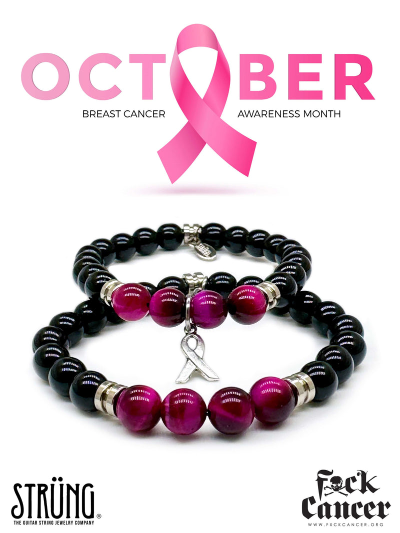 The Strength bracelet is here for breast cancer awareness month. Proceeds go toward the non profit organization Fuck Cancer. Pink Tigers Eye Stone Beaded Bracelet Strung Guitar String Hand Made