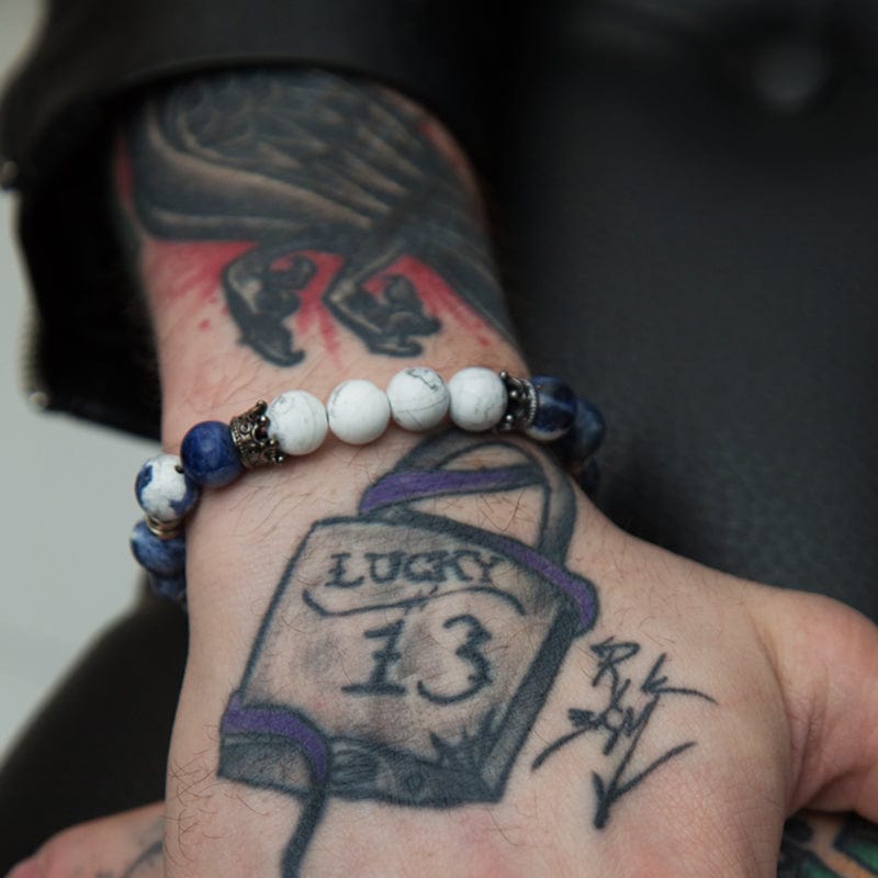 Strung the Guitar String Jewelry Company Guitar String Bracelet The Rebel, Inspired by the song, Under the Bridge, Red Hot Chili Peppers, Gift For Musician, Gift for Guitarist, Gift for Music Lover, Rock Bracelet, Blue Sodalite & Matte Howlite Natural Stone Beads